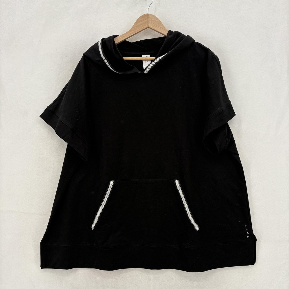 LIVI Lane Bryant Black Short-Sleeve Hooded Sweatshirt with White Trim, like NEW!